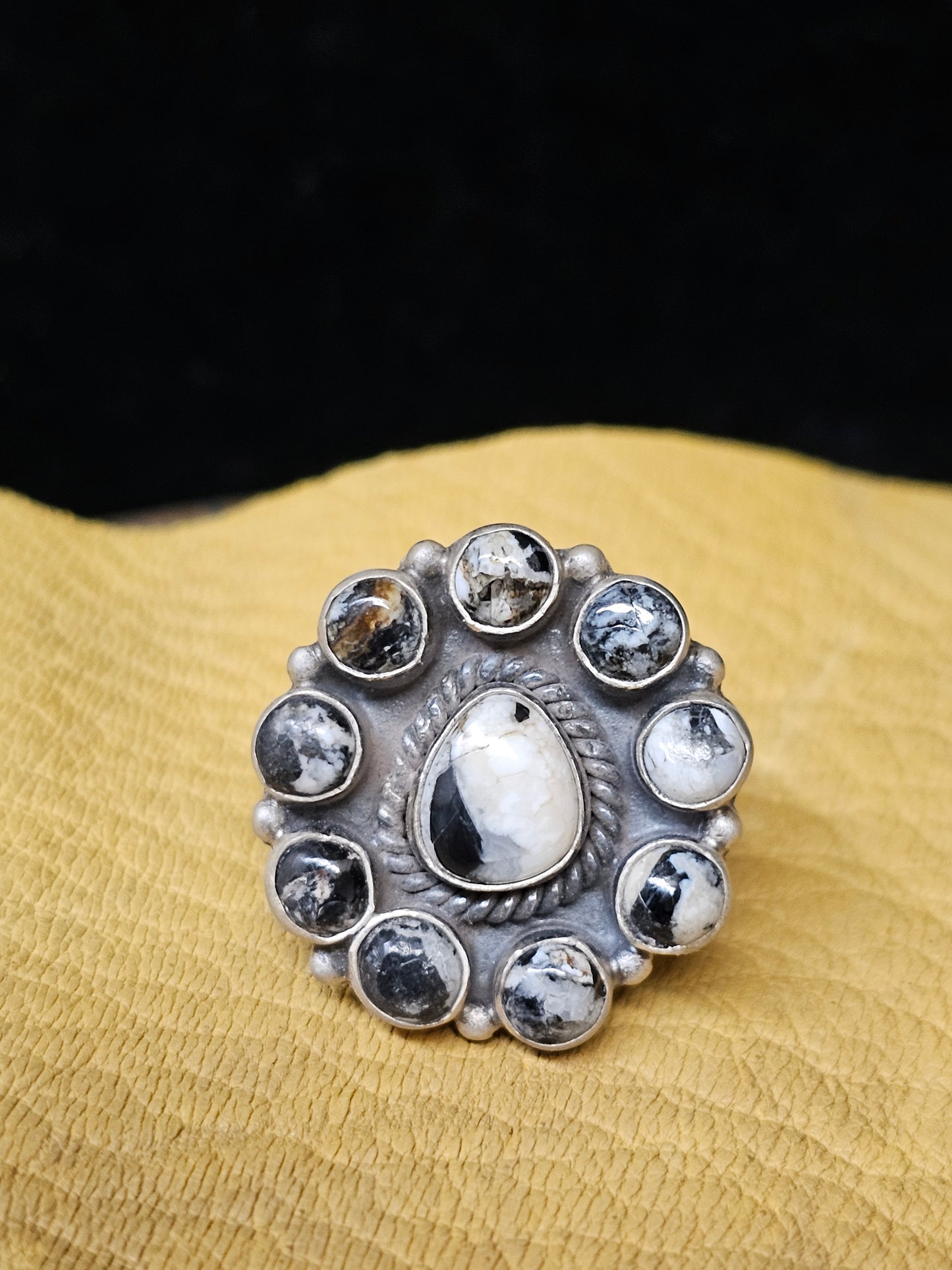 White Buffalo Ring 10 Stones Brushed Sterling Silver Adjustable Round Teardrop