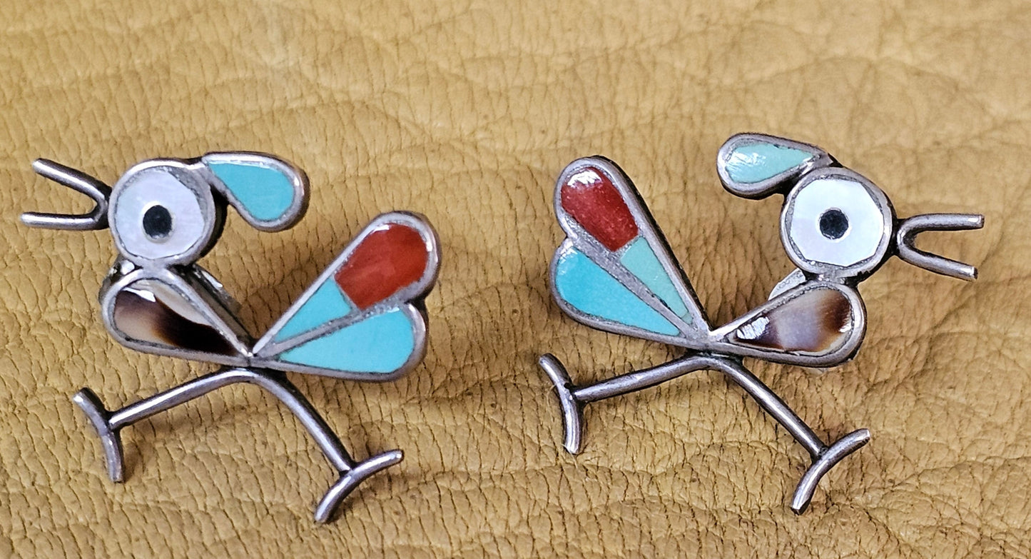 Zuni Native American Roadrunner Earrings with Tiger's Eye Sterling Silver Rare