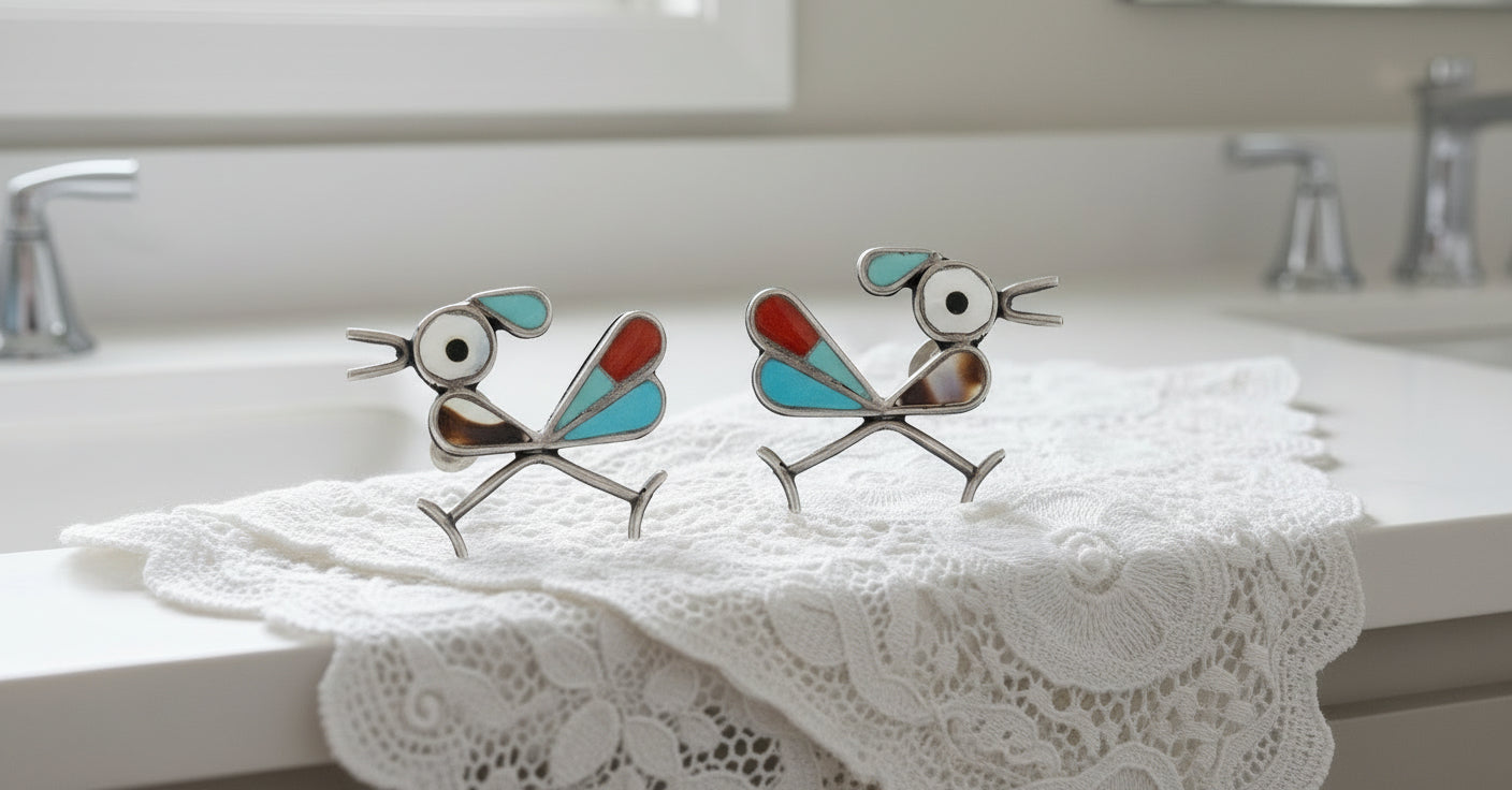 Zuni Native American Roadrunner Earrings with Tiger's Eye Sterling Silver Rare