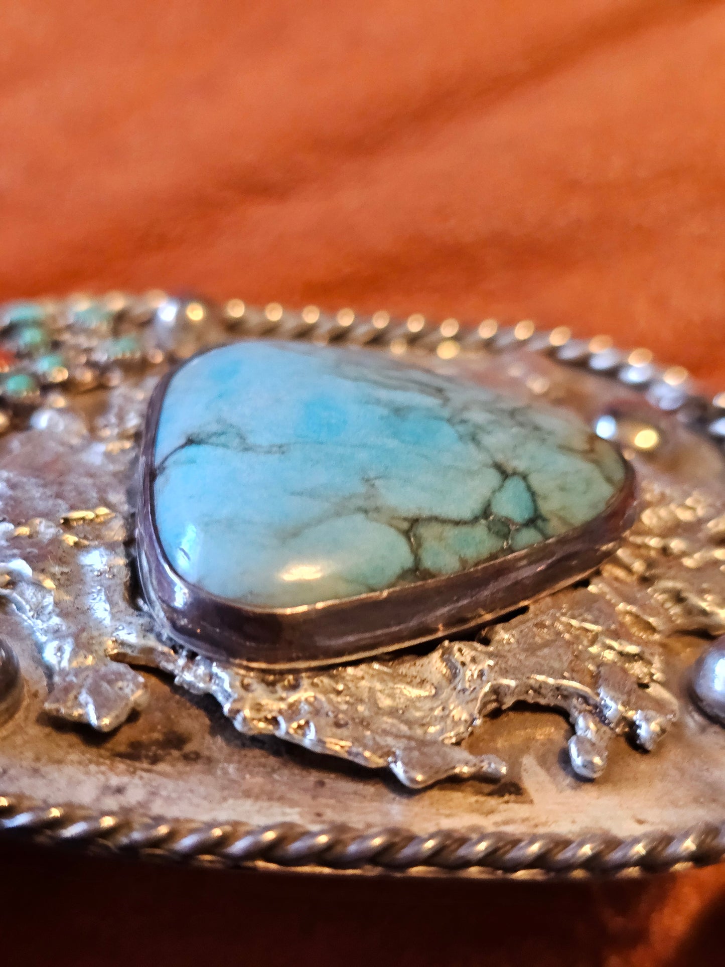 Smokey Kingman Bolo Tie Sterling Silver Red Coral Molten Lava-Silver Applique Stamped "G" RARE