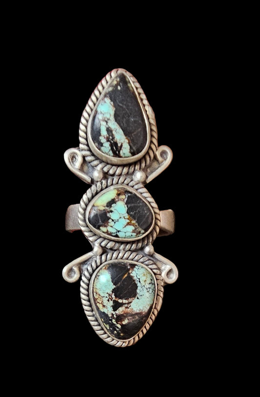 Black Jack Turquoise Triple Stone Sterling Silver Adjustable