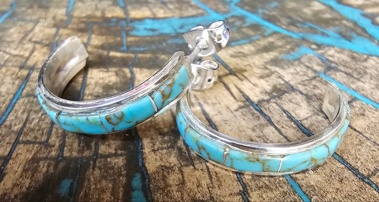 Navajo Artist Jamie Johnson Kingman Turquoise Earring Hoops Sterling SIlver