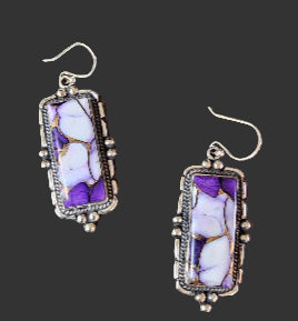 Purple Dahlia Rectangle Earrings Sterling Silver Dangles Mohave Turquoise Southwestern