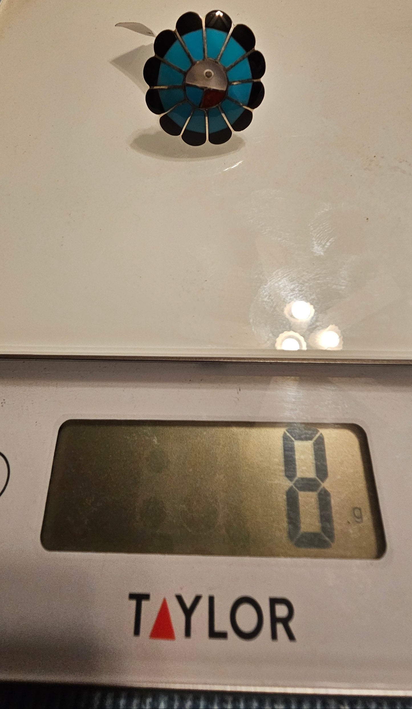 Denise Shiraz Zuni Sunface Ring Turquoise Coral Onyx Mother of Pearl Sterling Sz 6