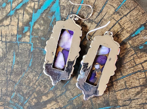 Purple Dahlia Rectangle Earrings Sterling Silver Dangles Mohave Turquoise Southwestern