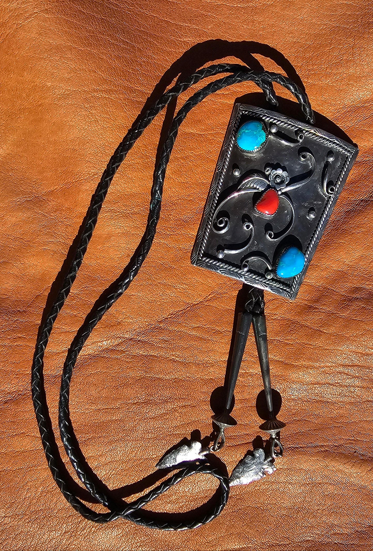 Vintage Bolo Tie Navajo Stamped Irene Platero Sterling Silver Turquoise Red Coral