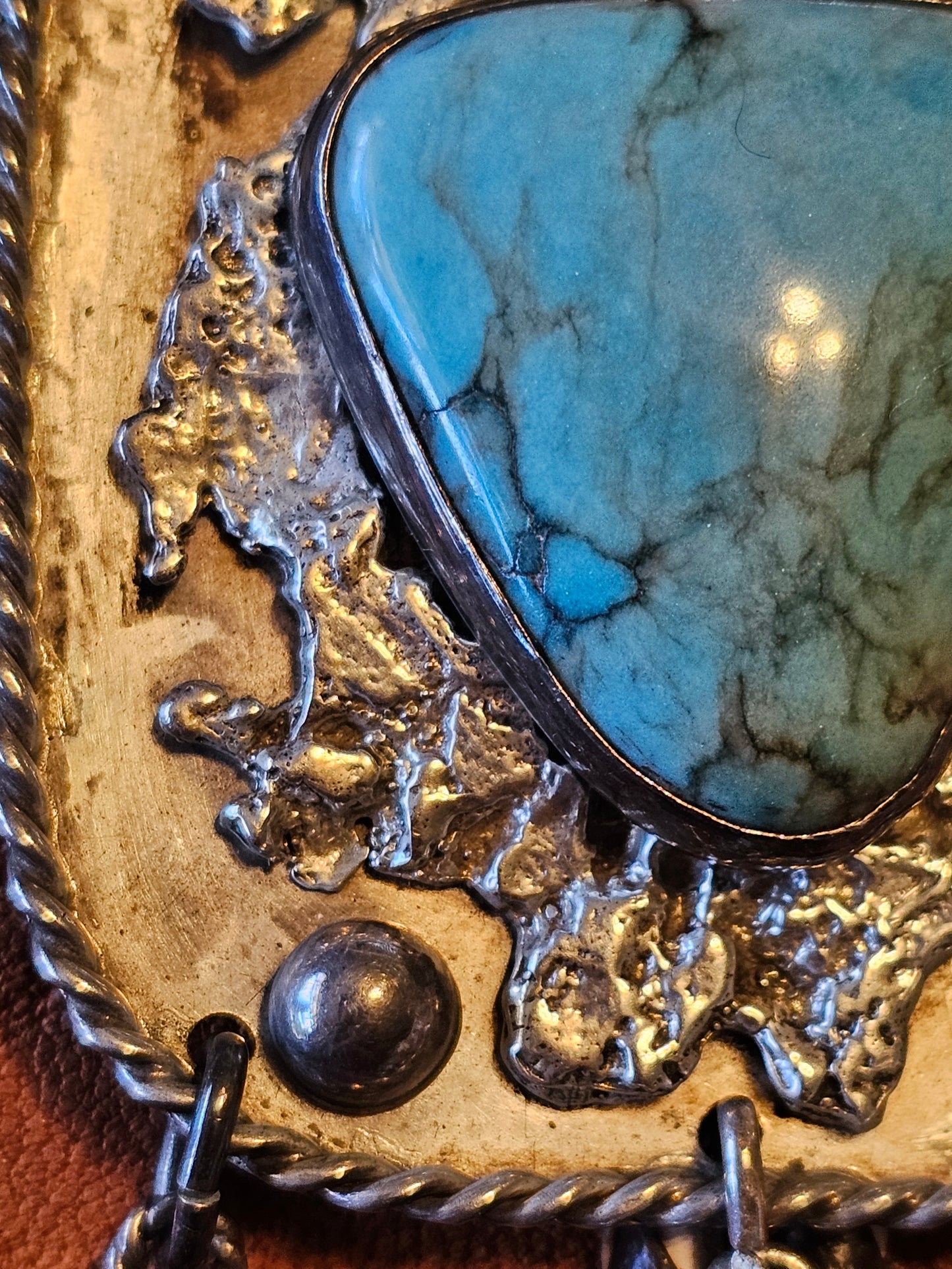 Smokey Kingman Bolo Tie Sterling Silver Red Coral Molten Lava-Silver Applique Stamped "G" RARE