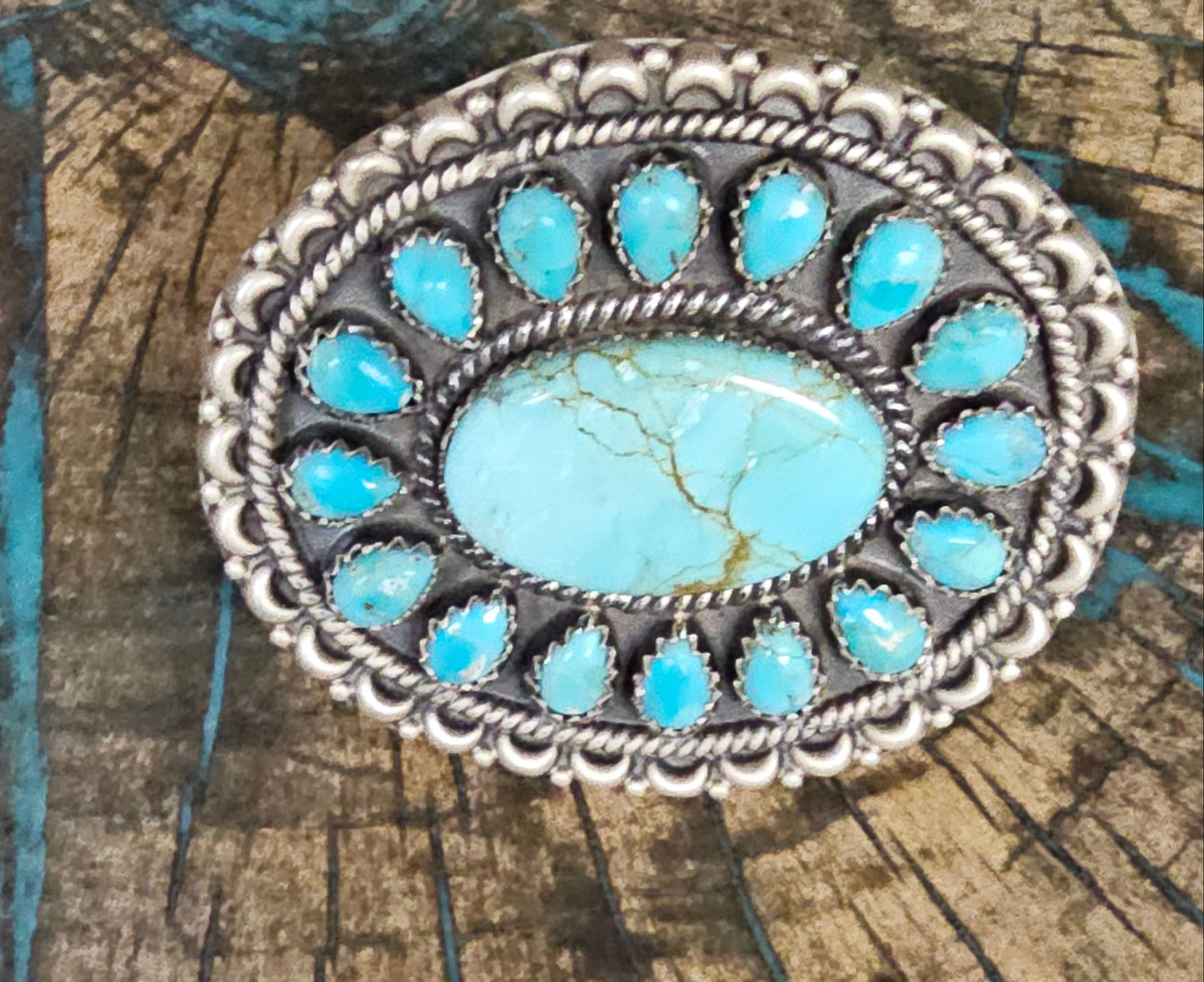 Kingman and Number 8 Turquoise Oval Large Sterling Silver Ring Southwestern Adjustable Tree Of Life