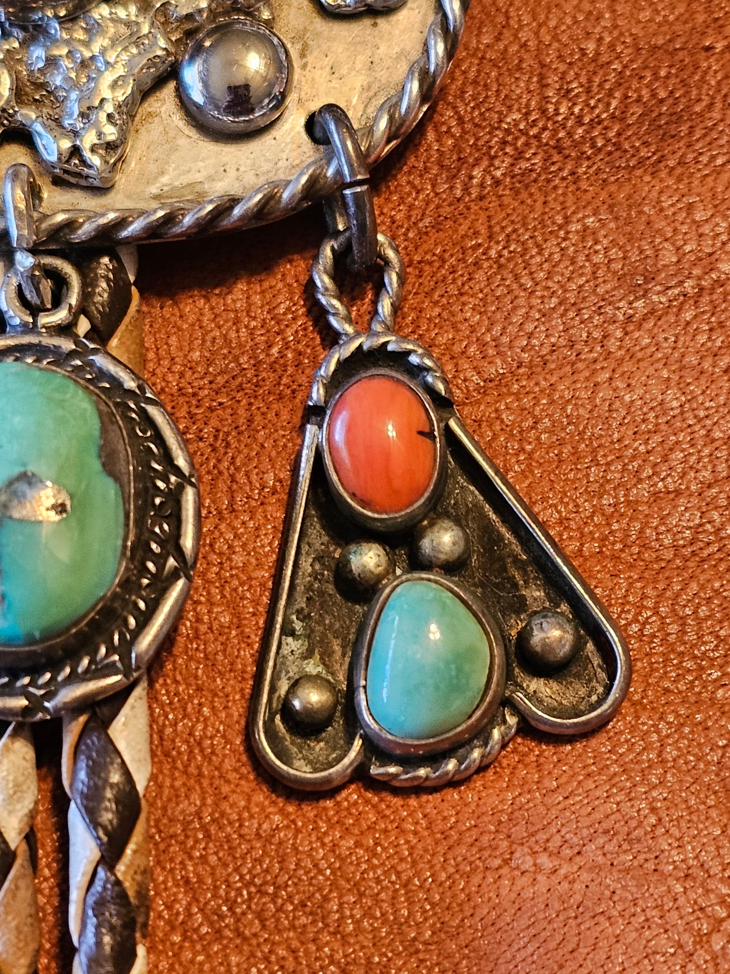 Smokey Kingman Bolo Tie Sterling Silver Red Coral Molten Lava-Silver Applique Stamped "G" RARE