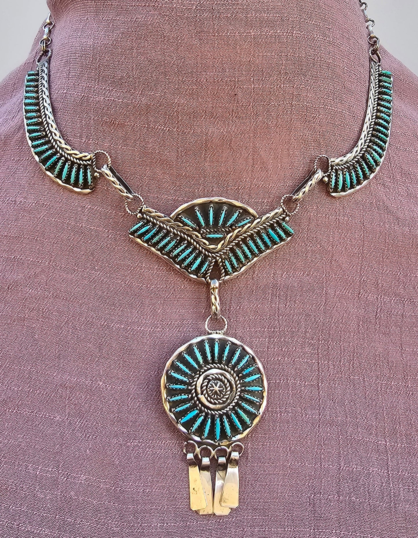 Vintage Zuni Necklace Sterling Silver Native American Petit Point W/Matching Earrings Rare