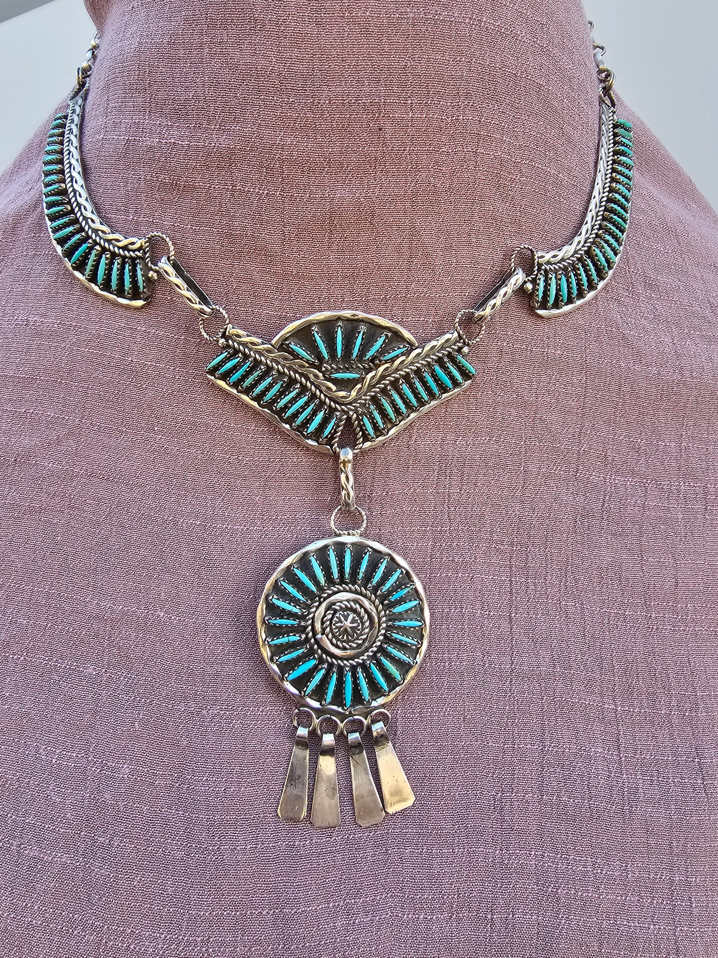 Vintage Zuni Necklace Sterling Silver Native American Petit Point W/Matching Earrings Rare