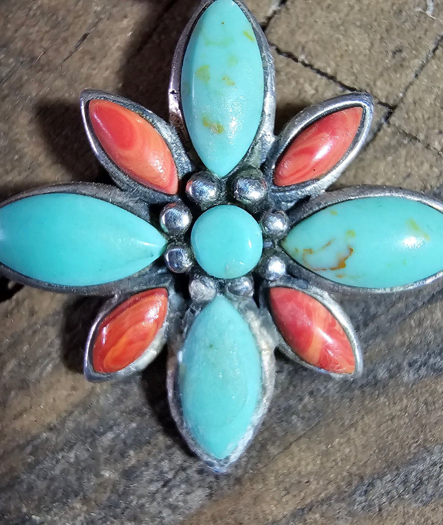 Vintage Floral Pendant Sterling Silver Orange Spiny Oyster Kingman