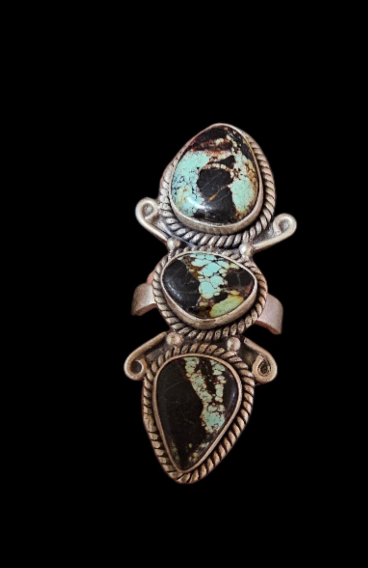 Black Jack Turquoise Triple Stone Sterling Silver Adjustable