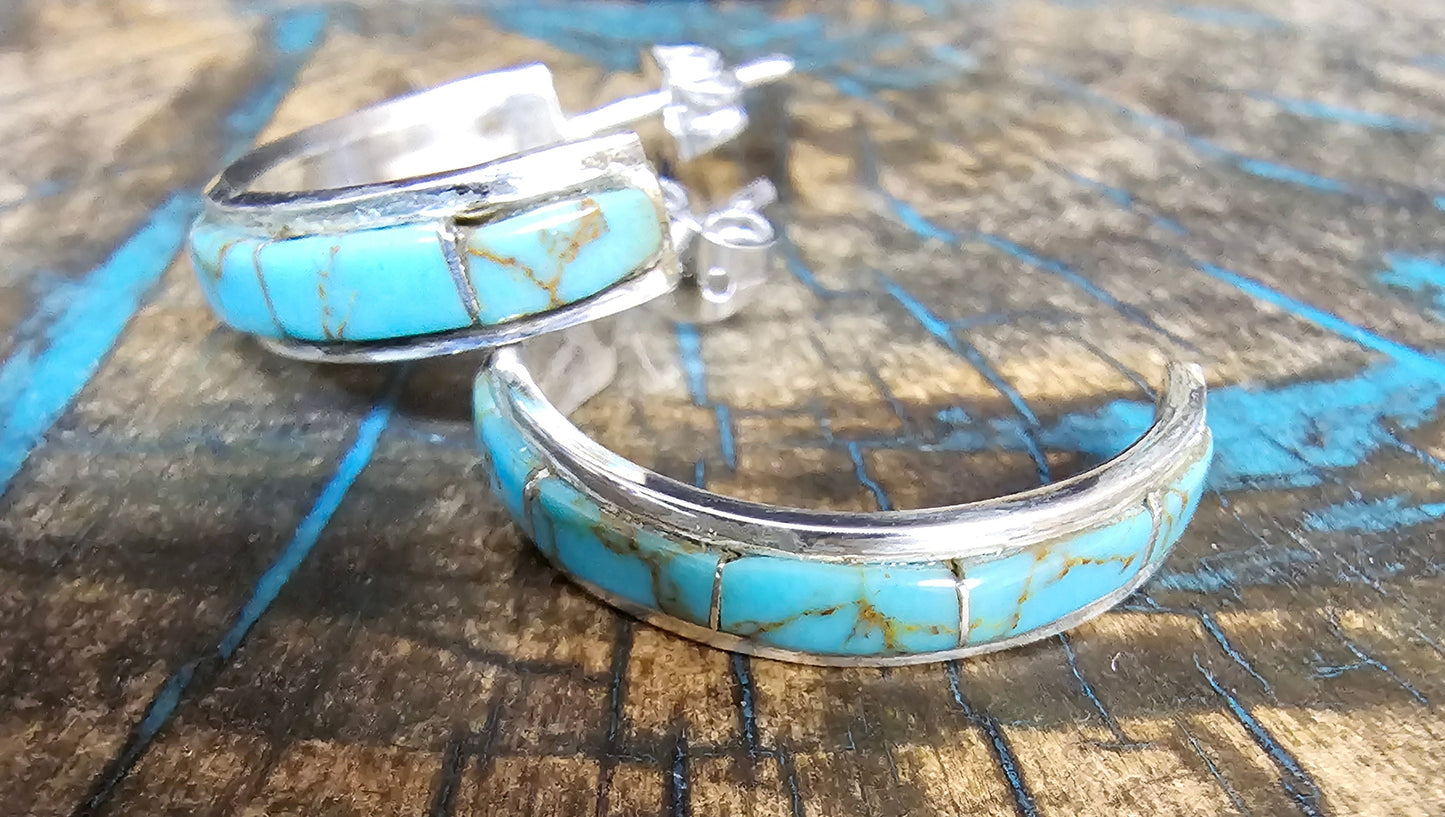 Navajo Artist Jamie Johnson Kingman Turquoise Earring Hoops Sterling SIlver