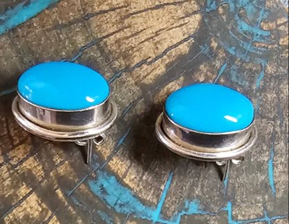 Mexico Sterling Silver Sleeping Beauty Turquoise Earrings 925 Oval Shape Vintage