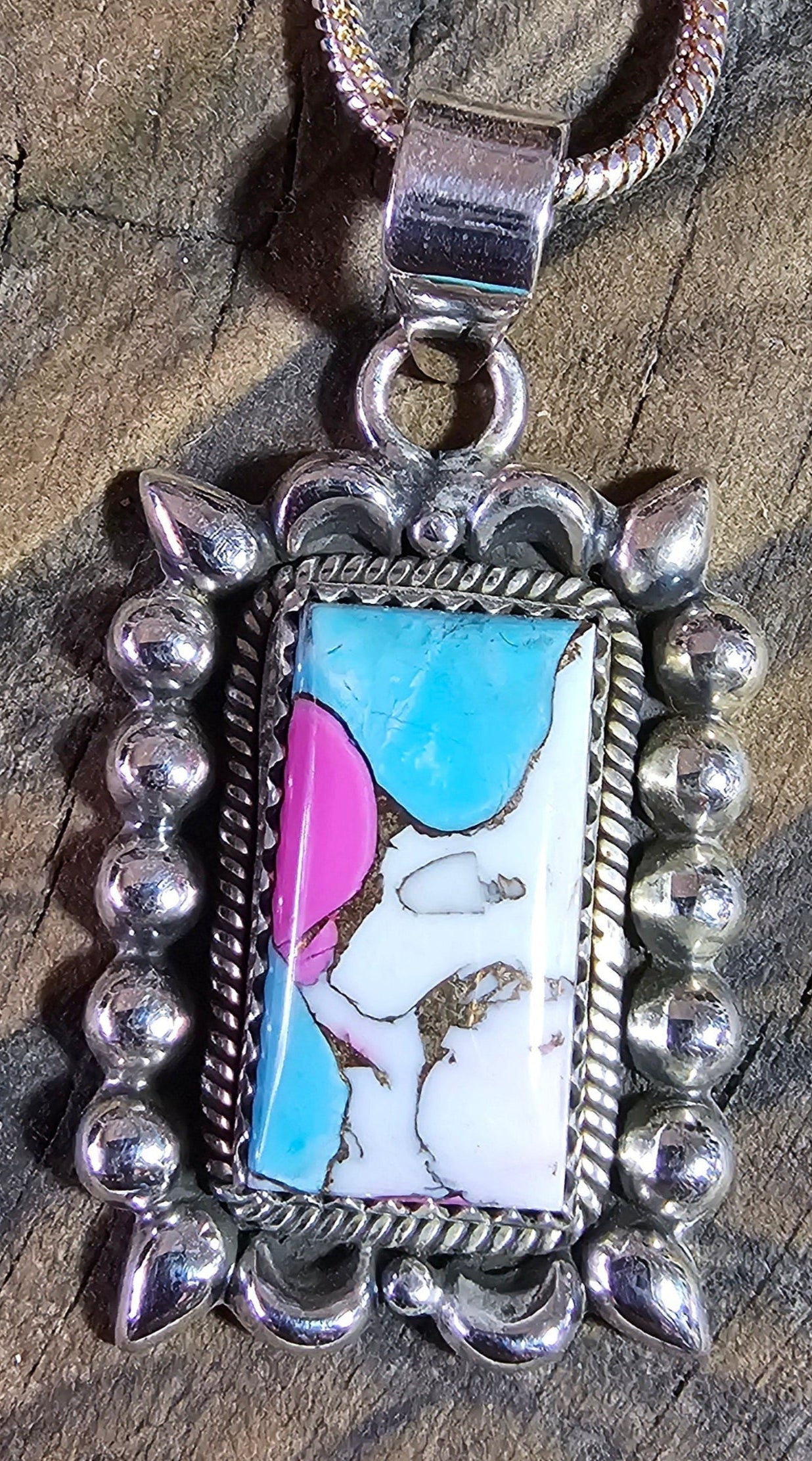 Cotton Candy Turquoise and Sterling Silver Pendant with SS Chain Necklace