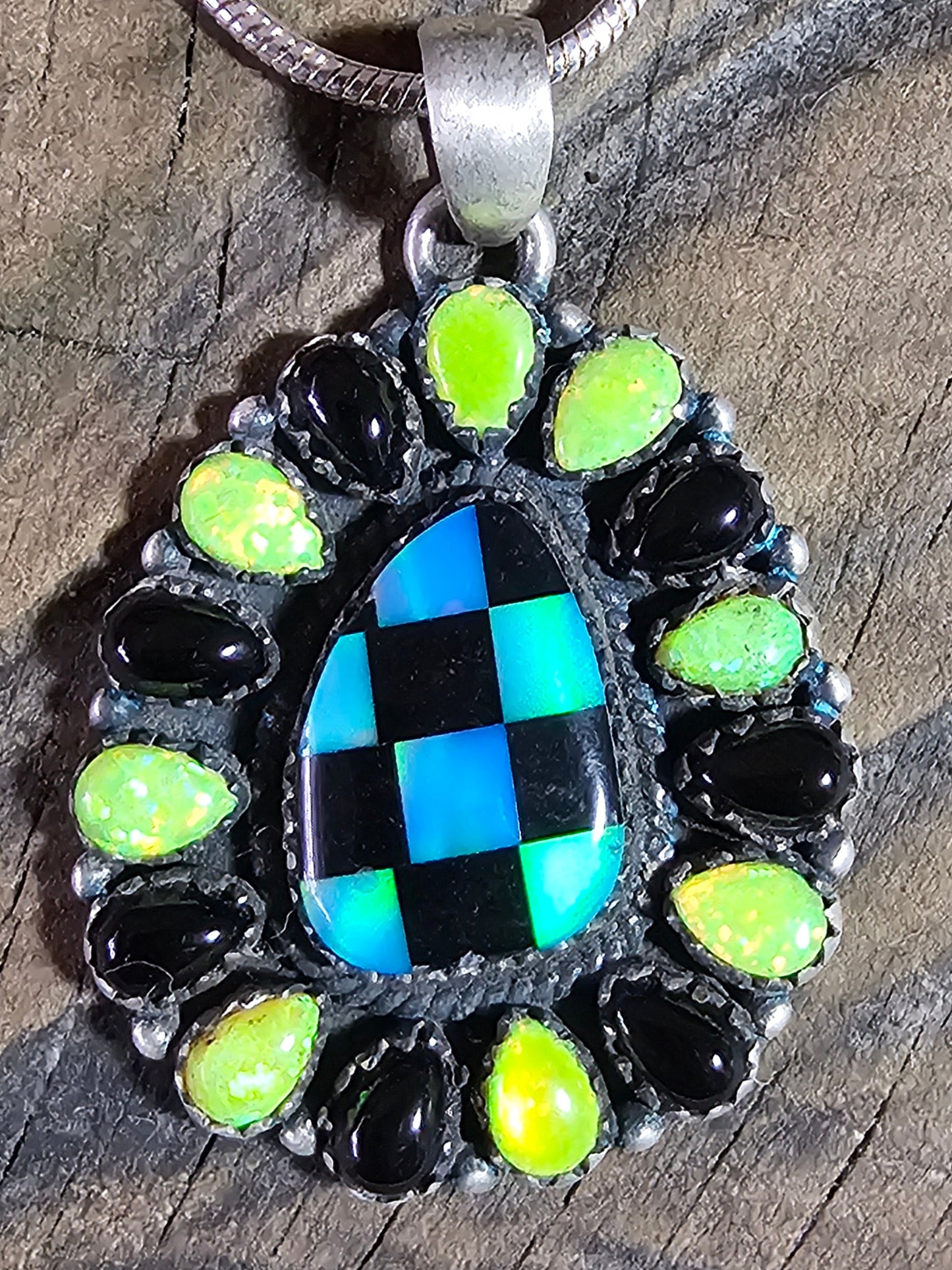 Lime Green Opal and Black Onyx Pendant in Brushed Sterling SIlver