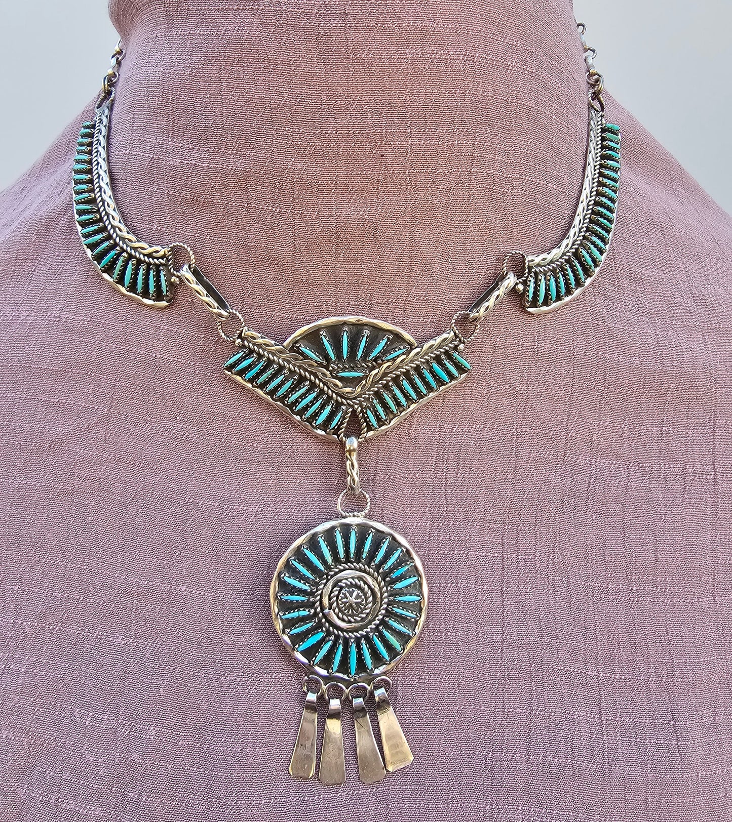 Vintage Zuni Necklace Sterling Silver Native American Petit Point W/Matching Earrings Rare
