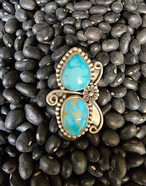 Sierra Bella Turquoise Double Stone Sterling SIlver Adjustable Ring Southwestern Butterfly