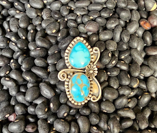 Sierra Bella Turquoise Double Stone Sterling SIlver Adjustable Ring Southwestern Butterfly