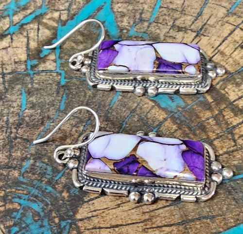 Purple Dahlia Rectangle Earrings Sterling Silver Dangles Mohave Turquoise Southwestern
