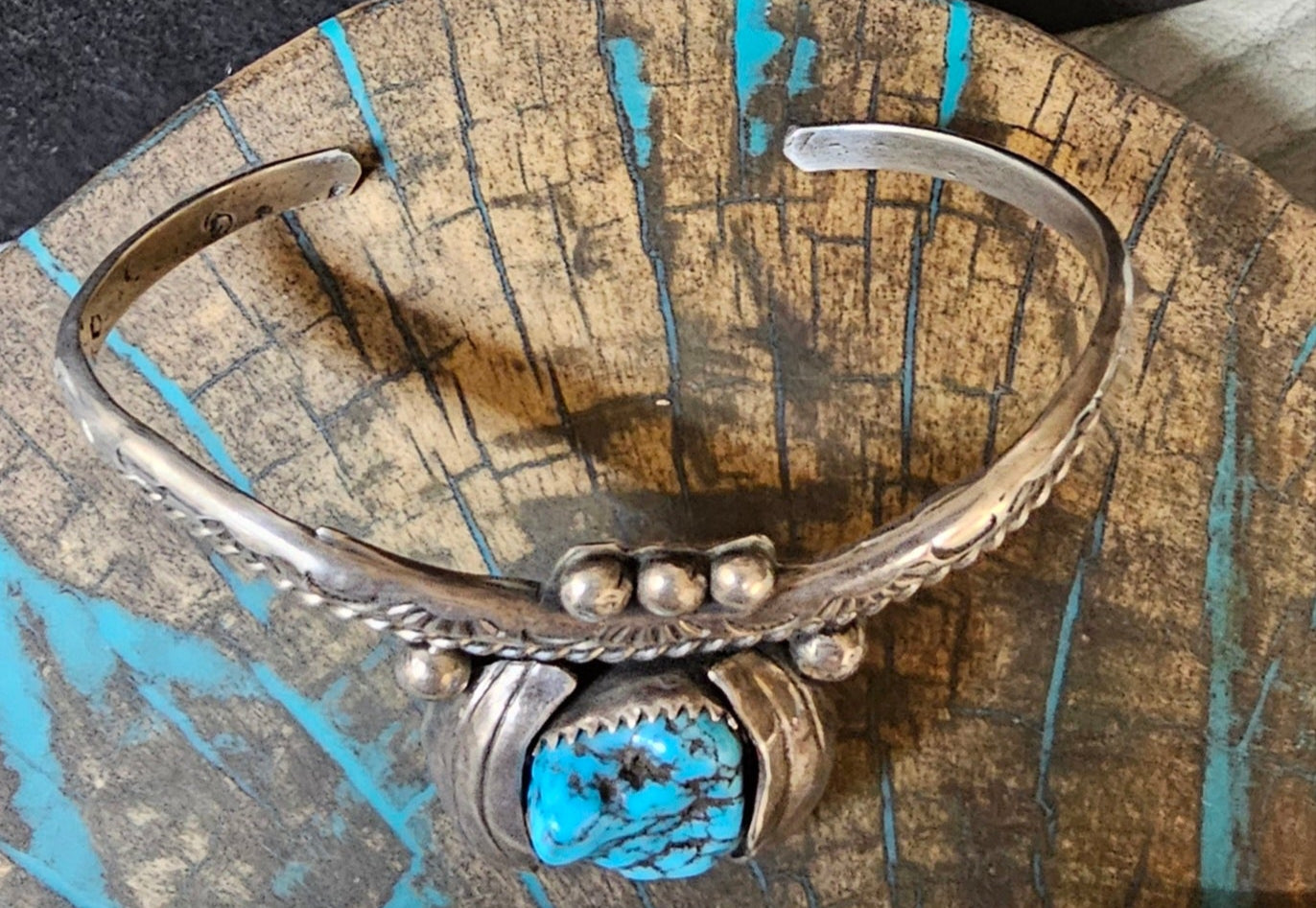 Vintage Navajo Cuff Sterling Silver & Turquoise Trading Post Mark
