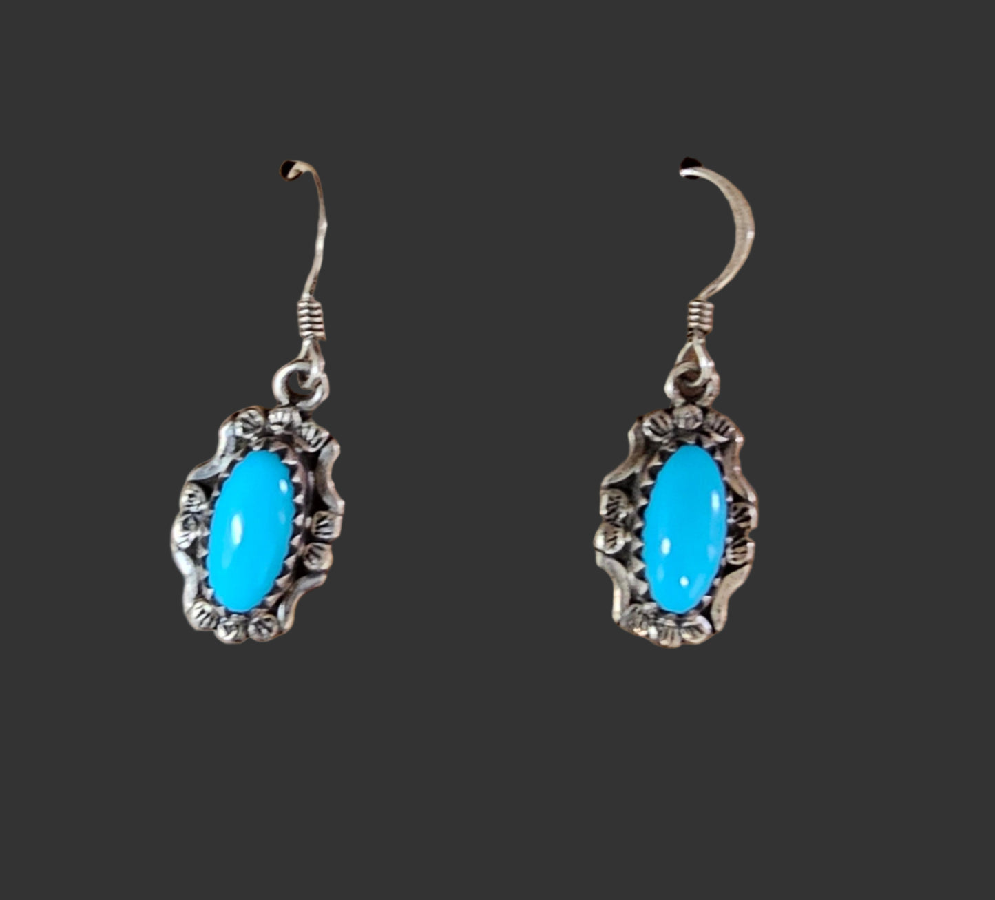 Navajo Sleeping Beauty Turquoise Dangle Earrings Sterling Silver Stamp H.S.