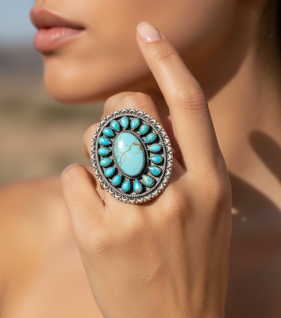 Kingman and Number 8 Turquoise Oval Large Sterling Silver Ring Southwestern Adjustable Tree Of Life