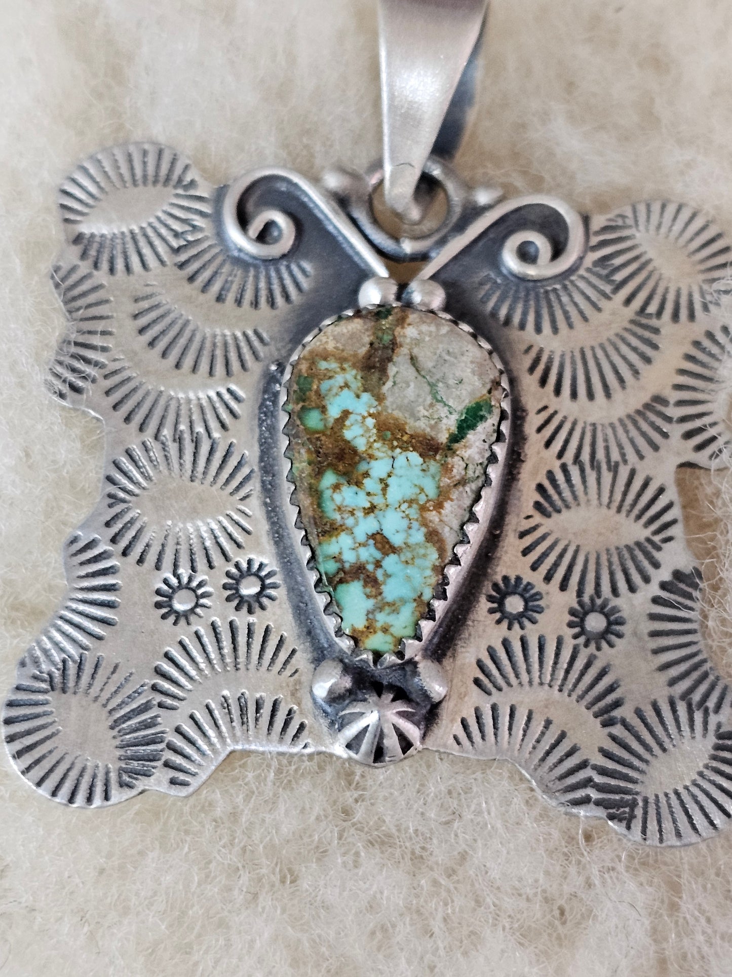Natural Royston Turquoise Set In A Sterling Silver Butterfly Pendant Southwestern