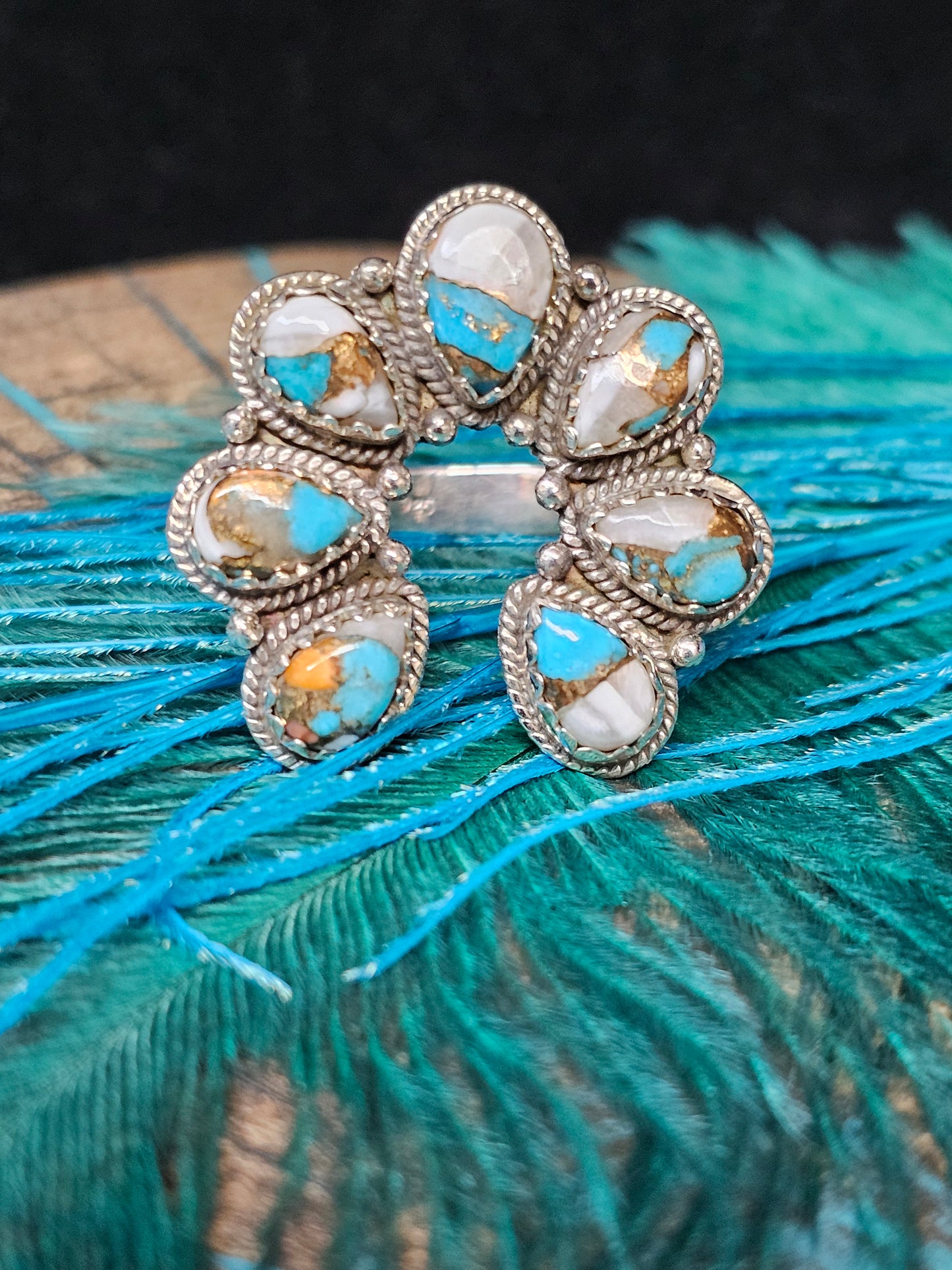 Turquoise White Buffalo Spiny Oyster Ring Size 11 Sterling Silver Southwestern Ring Horseshoe
