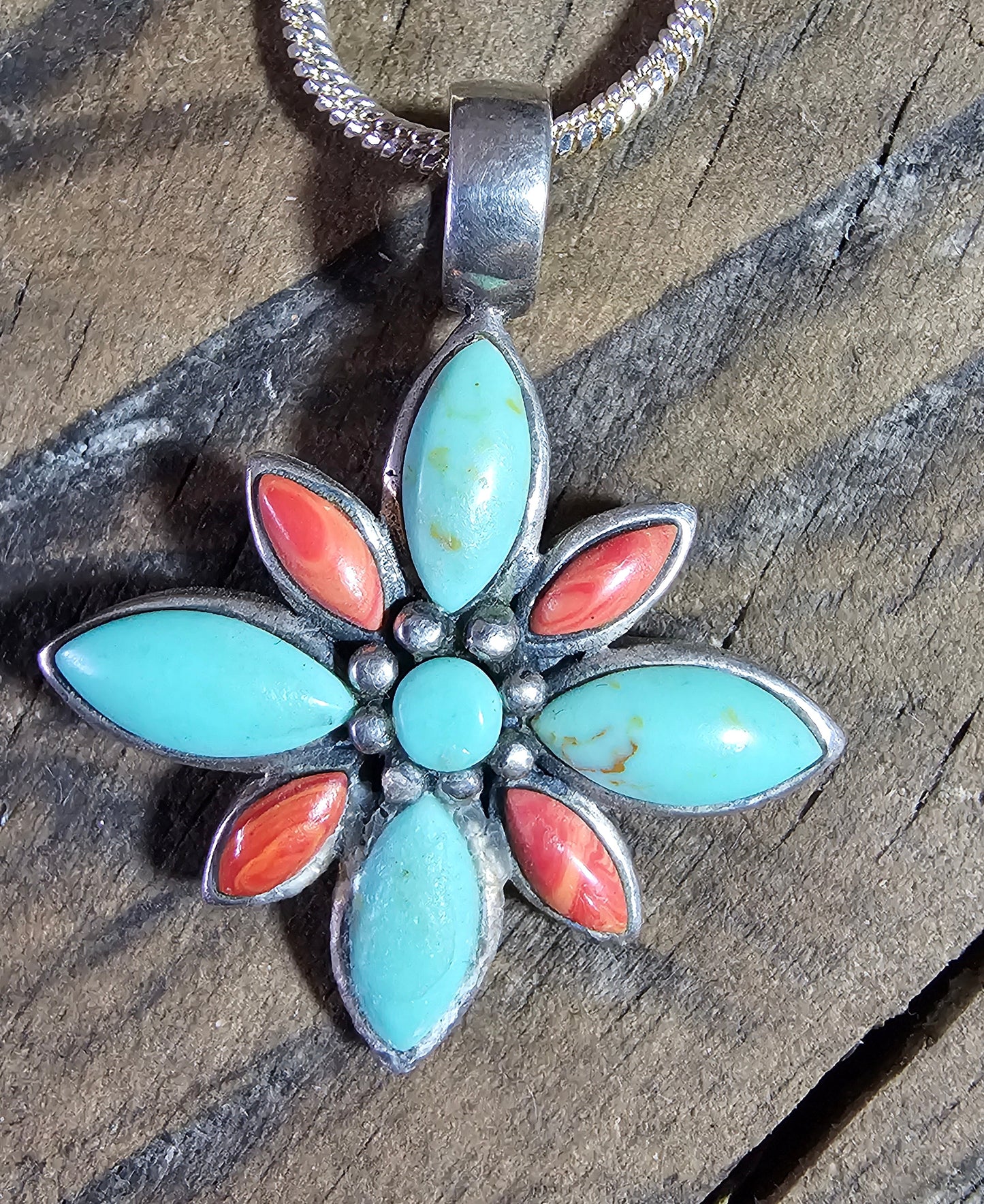 Vintage Floral Pendant Sterling Silver Orange Spiny Oyster Kingman