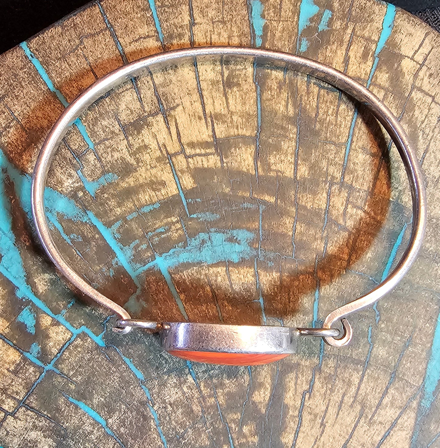 Vintage Spiny Oyster and Sterling Silver Hinged Bracelet Mexico.