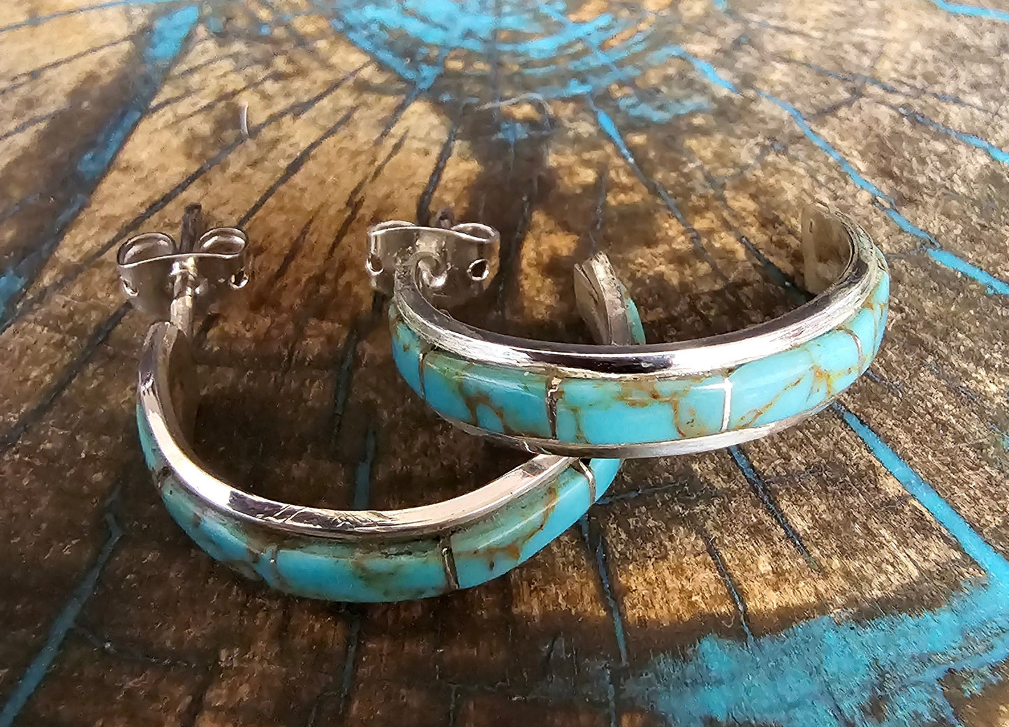 Navajo Artist Jamie Johnson Kingman Turquoise Earring Hoops Sterling SIlver