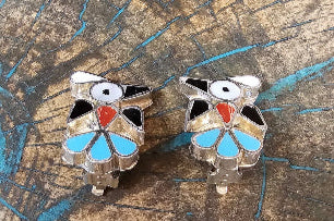 Zuni Native American Signed Earrings Clip-on Inlay Ping Yunie Thunderbird