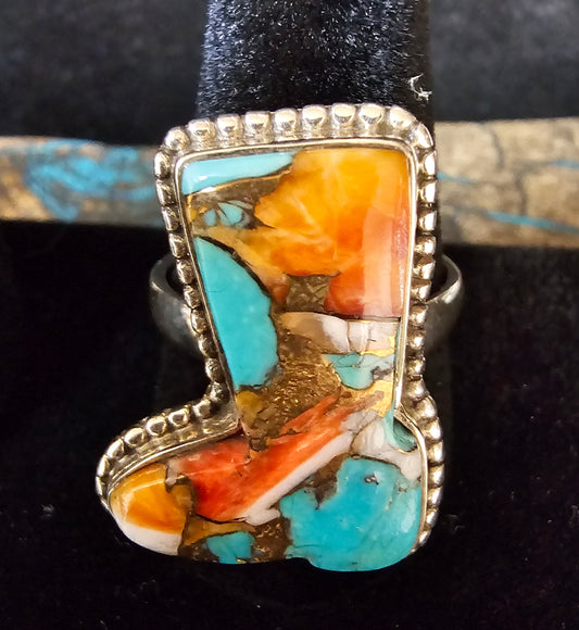 Spiny Oyster Inlay Ring Size 8 Boot Shape Sterling Silver