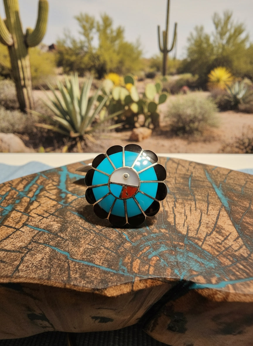 Denise Shiraz Zuni Sunface Ring Turquoise Coral Onyx Mother of Pearl Sterling Sz 6