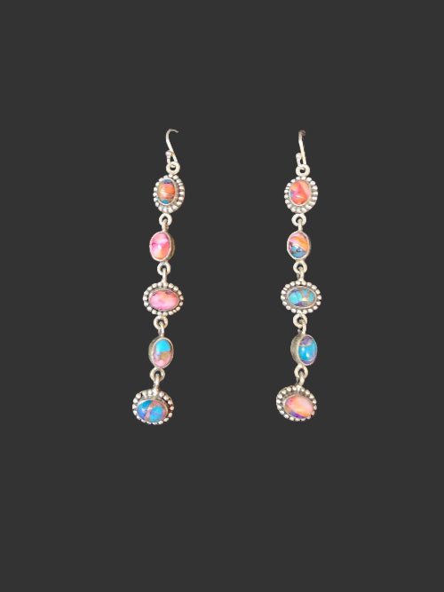 Pink Dahlia Long Dangle Earrings 3" Sterling Silver Southwestern