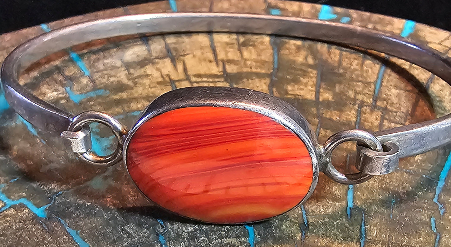 Vintage Spiny Oyster and Sterling Silver Hinged Bracelet Mexico.