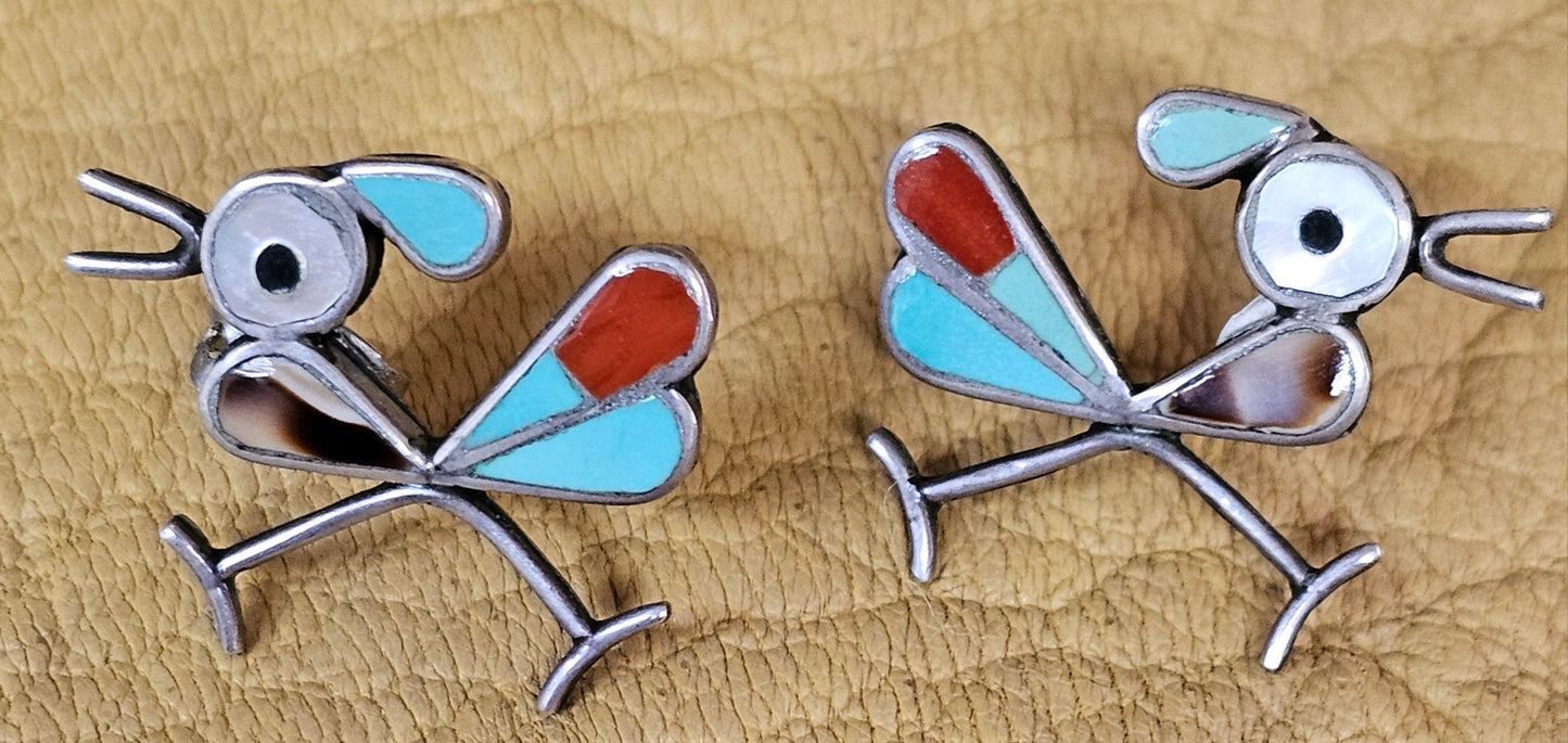 Zuni Native American Roadrunner Earrings with Tiger's Eye Sterling Silver Rare