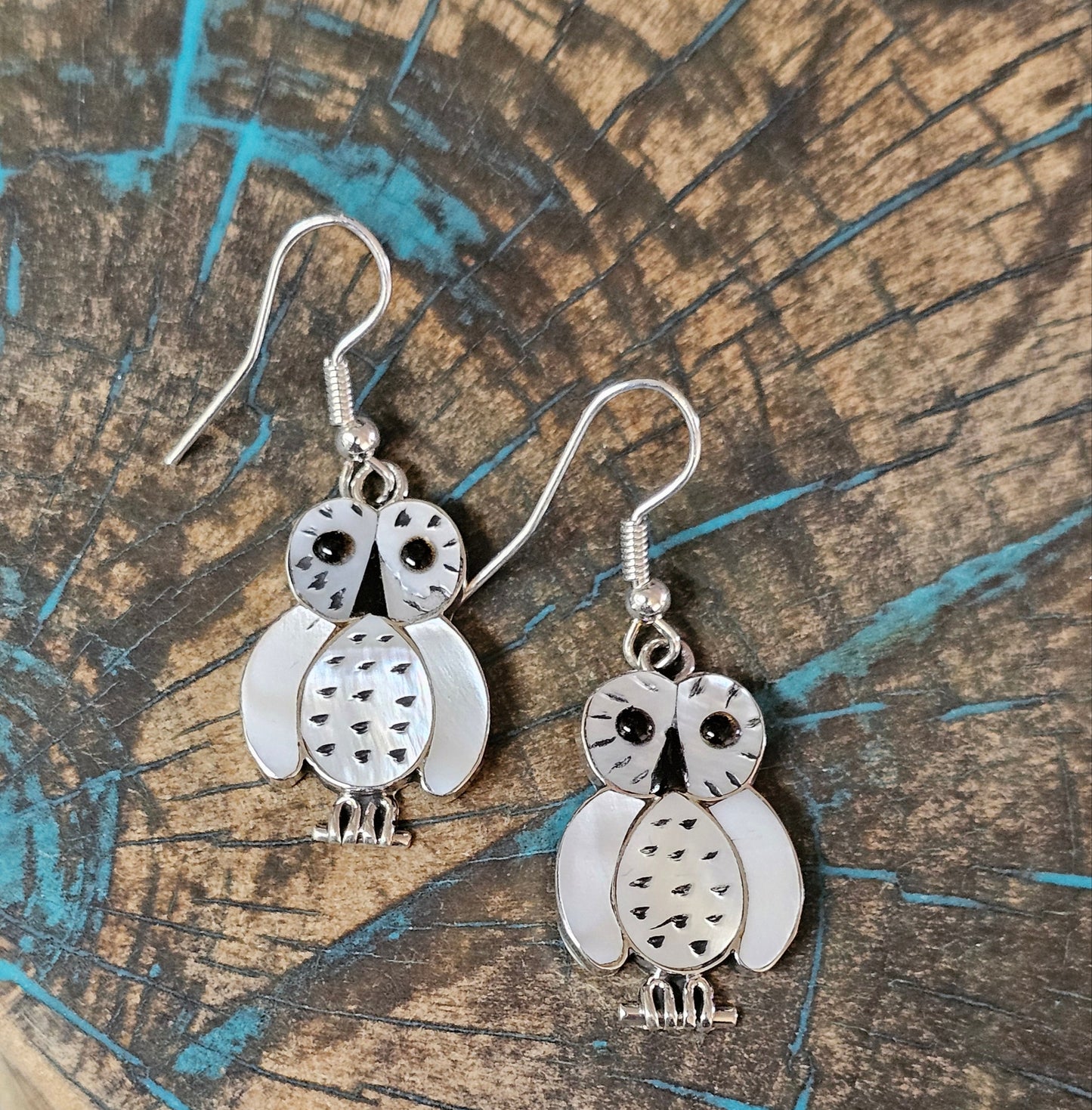 Zuni Mother of Pearl Owl Earrings Sterling Silver Regina Kallestewa Signed RK