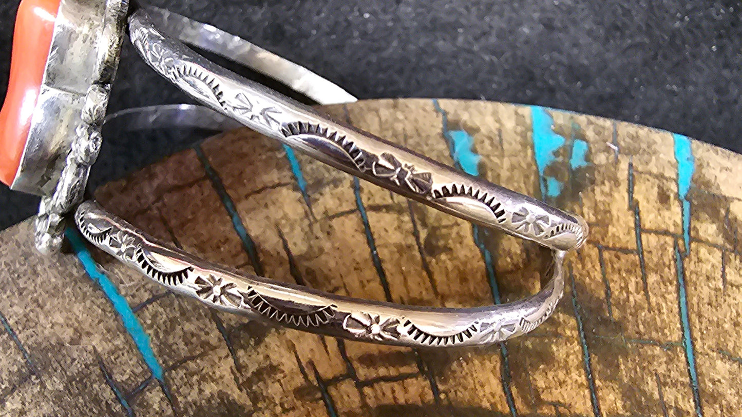 Vintage Navajo Branch Coral & Sterling Silver Cuff Stamped LL