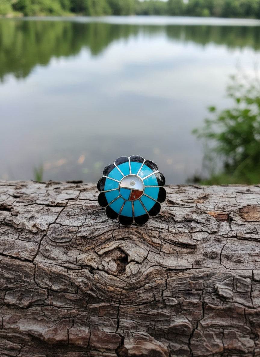 Denise Shiraz Zuni Sunface Ring Turquoise Coral Onyx Mother of Pearl Sterling Sz 6