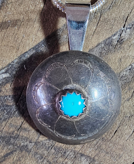 Sterling Silver Button Cover with Turquoise Necklace W/Free SS Chain