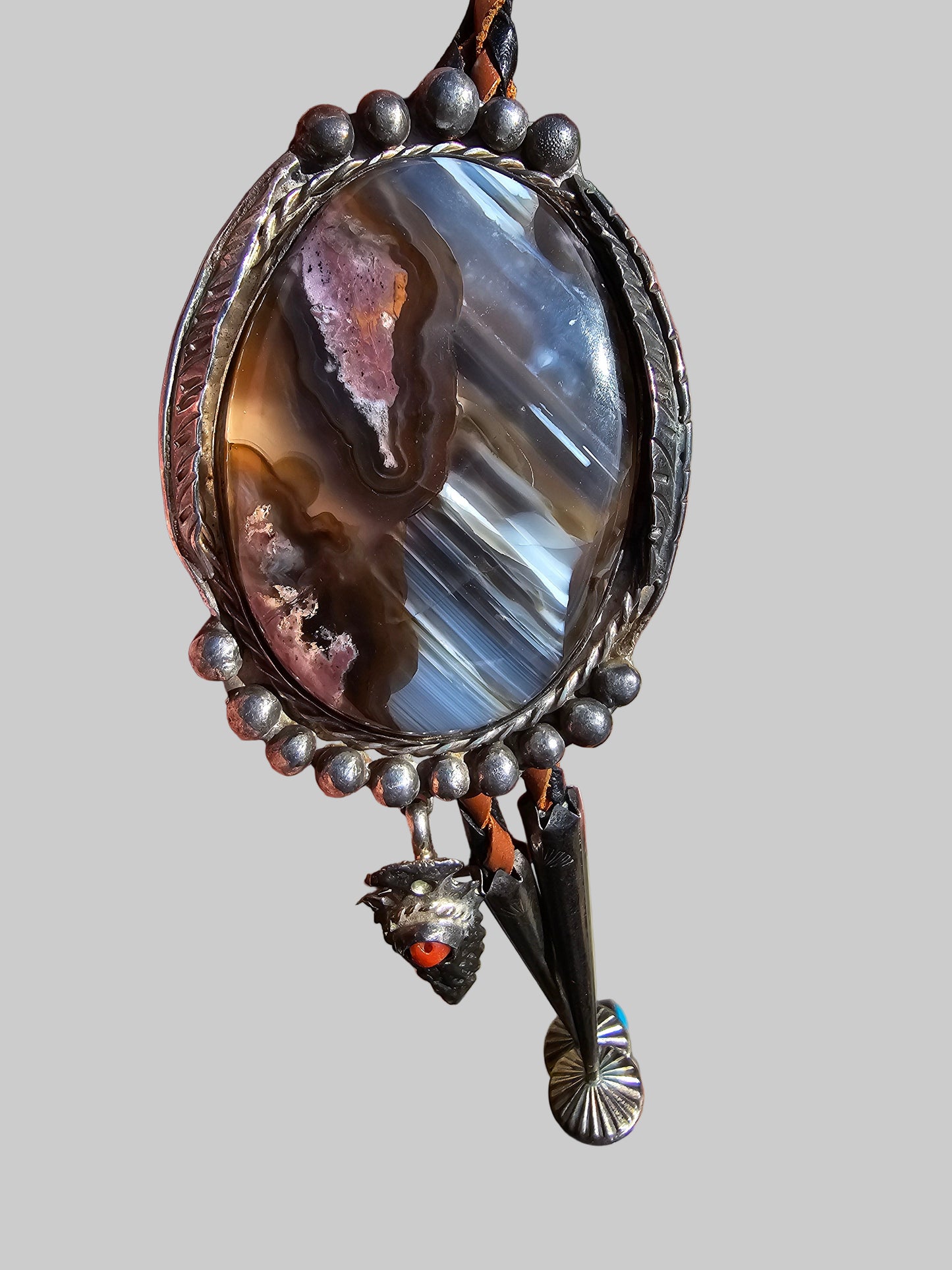 Vintage Agate Bolo Tie James Shay Navajo Sterling Silver Turquoise Red Coral