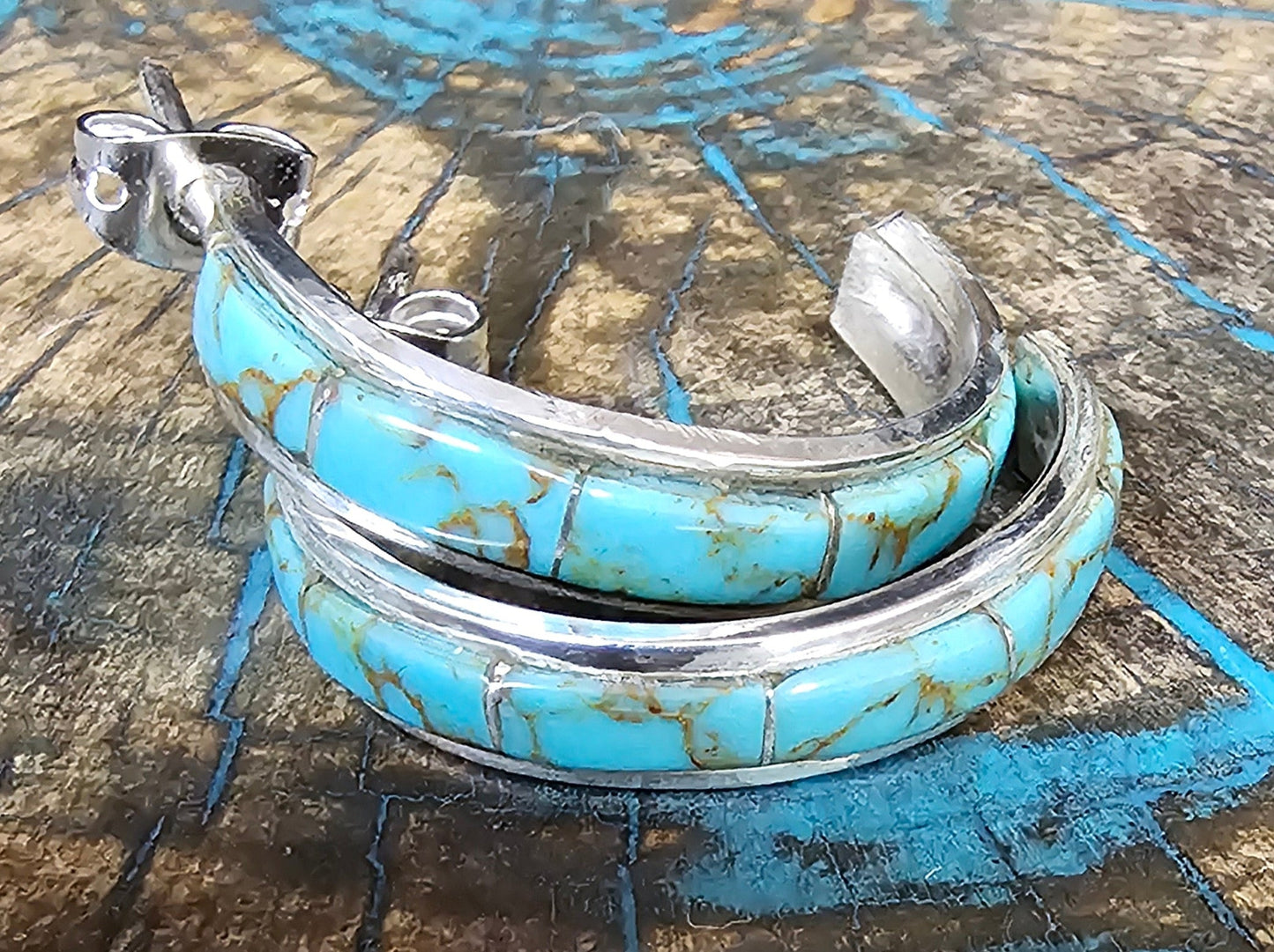Navajo Artist Jamie Johnson Kingman Turquoise Earring Hoops Sterling SIlver