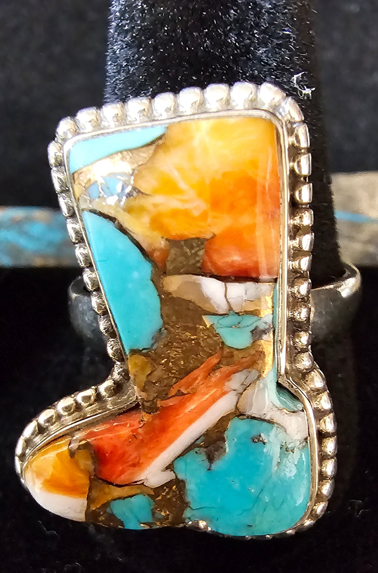 Spiny Oyster Inlay Ring Size 8 Boot Shape Sterling Silver