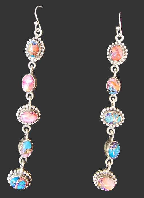 Pink Dahlia Long Dangle Earrings 3" Sterling Silver Southwestern