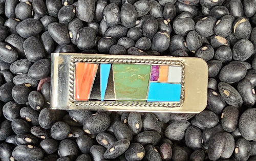 Native American Money Clip Signed Arnold Yazzie Navajo Sterling Silver Multi Stone