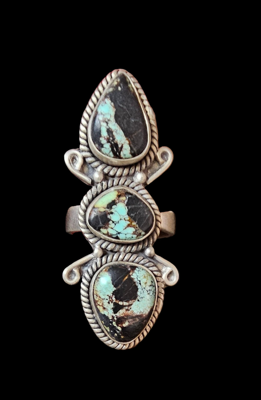 Black Jack Turquoise Triple Stone Sterling Silver Adjustable