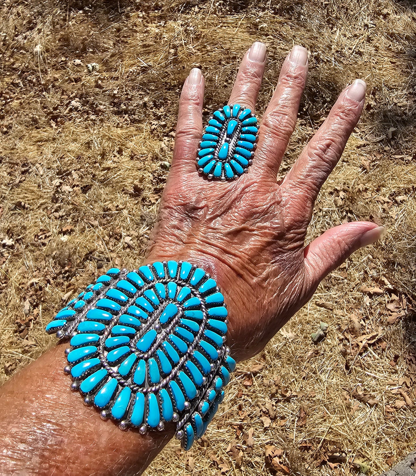 Zuni E. Wyaco Cluster Ring Sterling Silver Size 6 3/4 Vintage Stone Mountain Turquoise